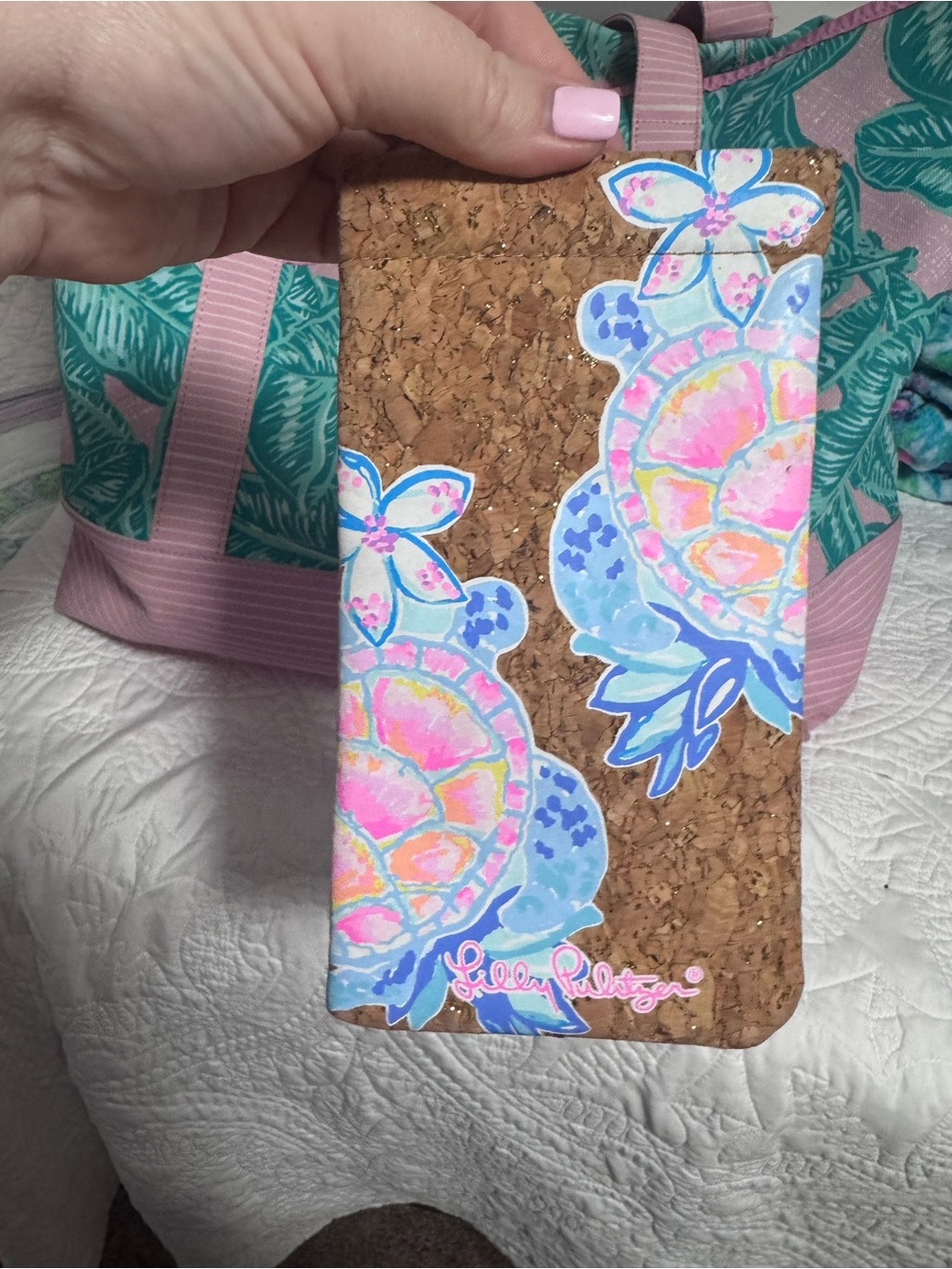 Lilly Pulitzer Cork sunglasses case in Pink, Blue and Aqua Turtle Motif